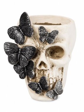 Gothic Skull Planter Metallic Butterflies Flower Pot Decor